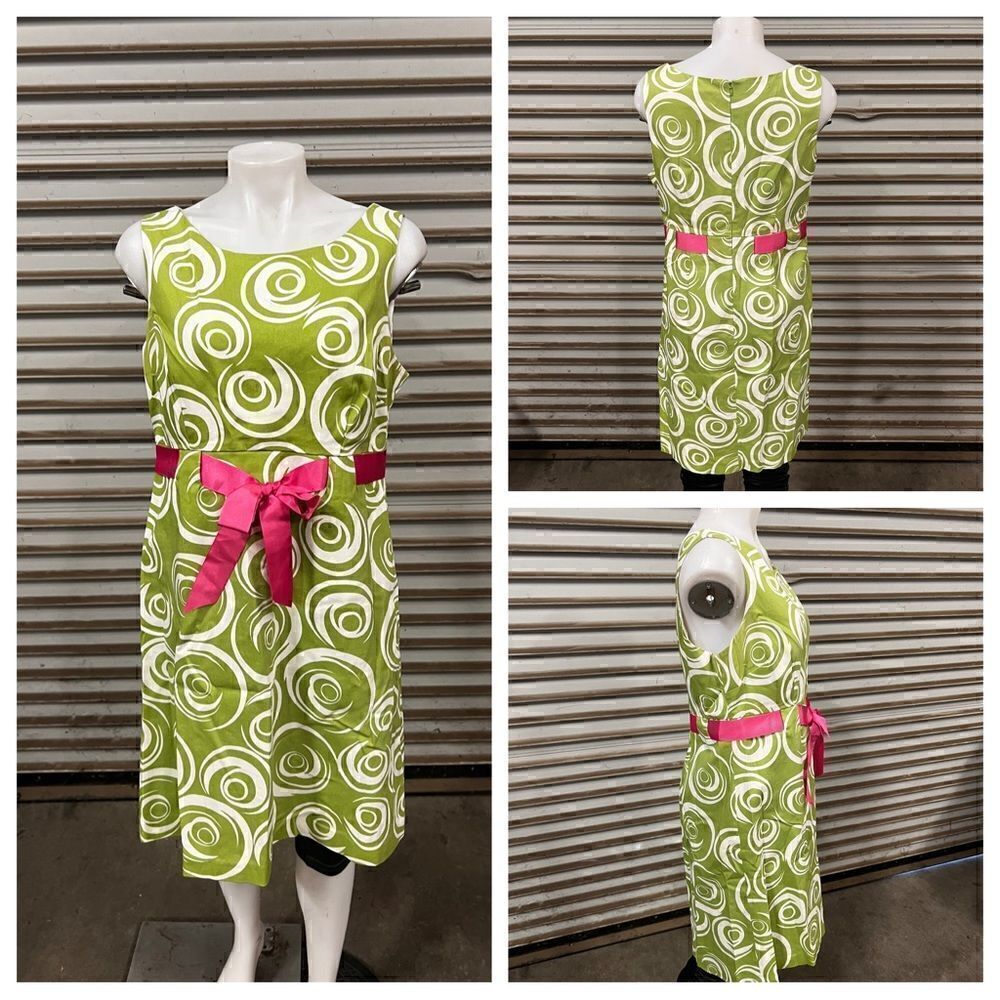 Willow Glenn Vintage Sleeveless Dress green White swirls Pink waist Bow SZ 14